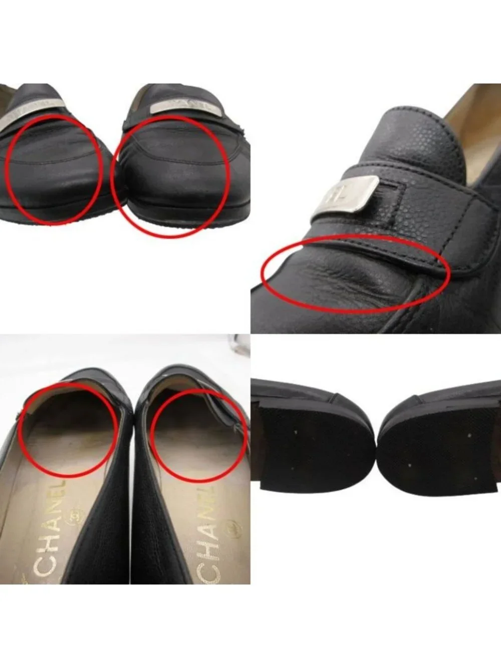 Chanel Vintage Metal Logo Plate Loafers Shoes Caviar Leather 37.5 - Picture 7 of 8